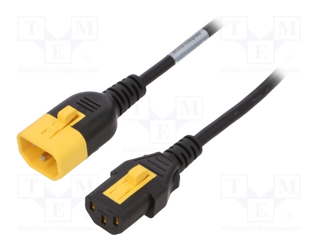 Cable; IEC C13 female,IEC C14 male; 3m; with locking; black; PVC