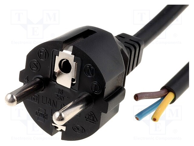 Cable; CEE 7/7 (E/F) plug,wires; 3m; black; PVC; 3x1mm2; 10A; 250V