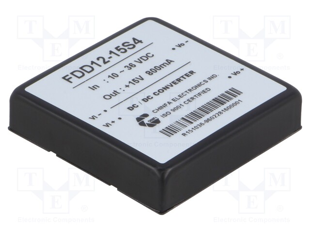 Converter: DC/DC; 12W; Uin: 10÷36V; 15VDC; Iout: 800mA; 70g