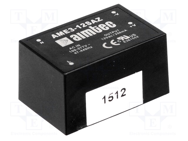Converter: AC/DC; 3W; Uout: 5VDC; Iout: 0.6A; 67%; Mounting: PCB; 3kV