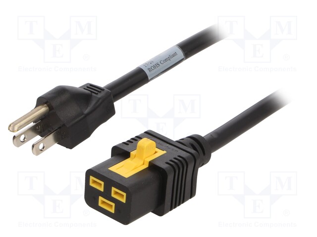 Cable; IEC C19 female,NEMA 5-15 (B) plug; 2m; black; PVC; 3x14AWG