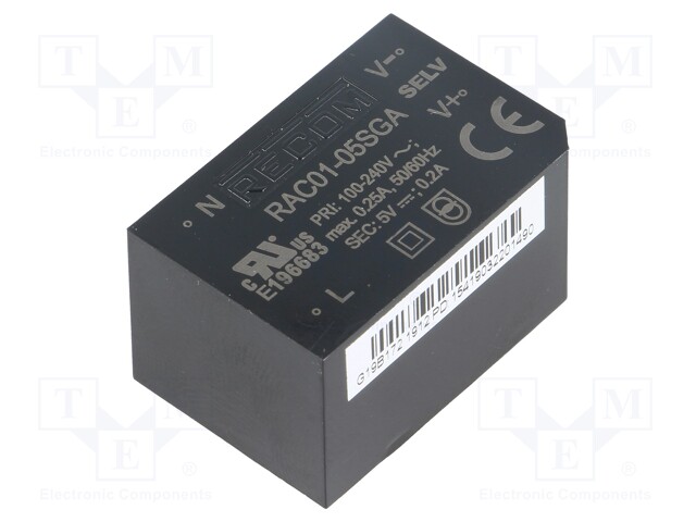 Converter: AC/DC; 1W; Uout: 5VDC; Iout: 200mA; 63%; Mounting: PCB