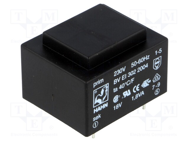 Transformer: encapsulated; 1.8VA; 230VAC; 18V; 100mA; Mounting: PCB