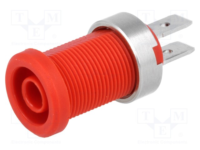 Socket; 4mm banana; 25A; 1kV; red; nickel plated; on panel,screw