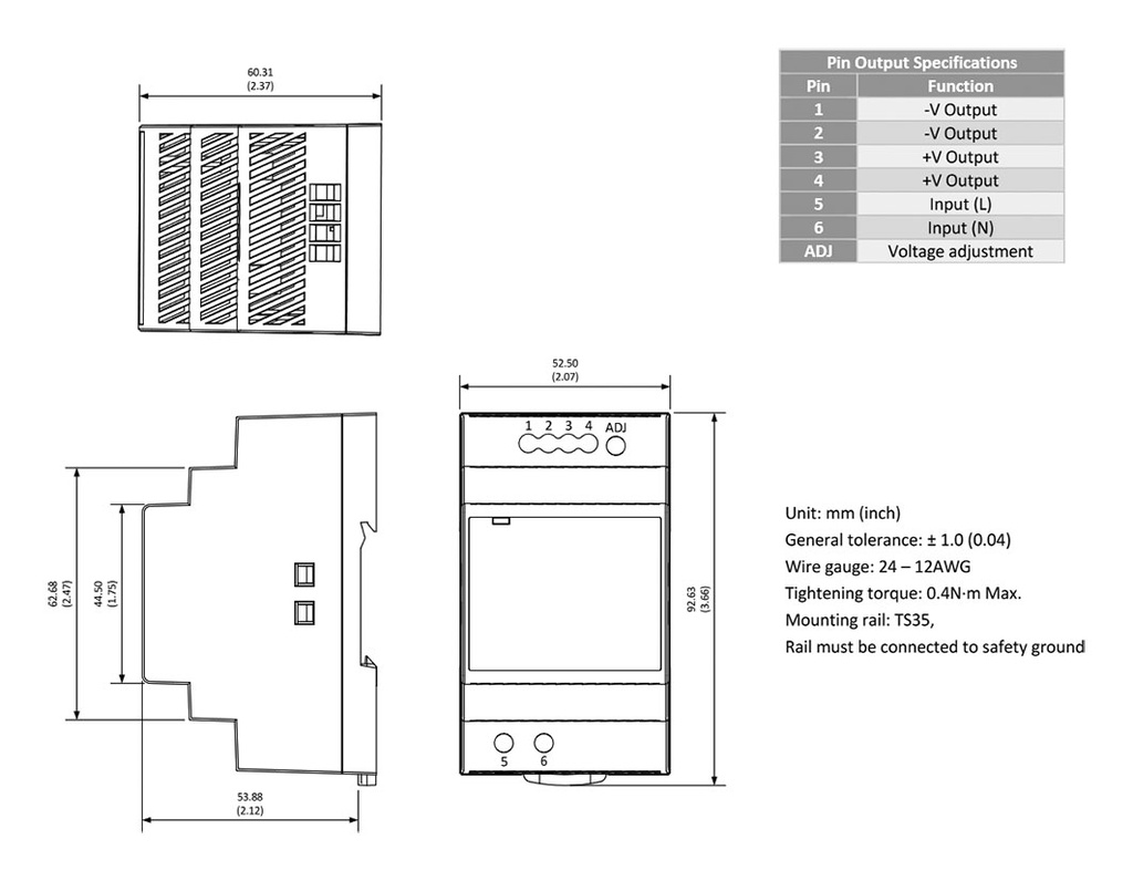 Power supply: switched-mode; for DIN rail; 60W; 48VDC; 1.25A; 3kV