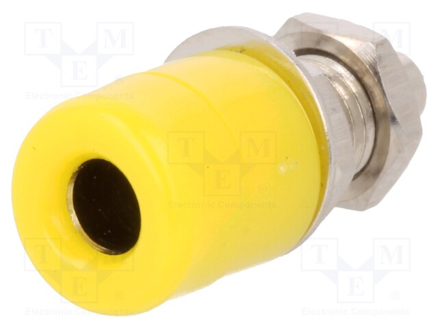 Socket; 4mm banana; 20A; Cutout: Ø7.5mm; yellow; nickel plated