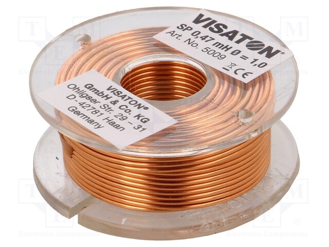 Inductor: air coil; 0.47mH; 0.36Ω; Ø: 48mm; H: 18mm; Øcore: 1mm