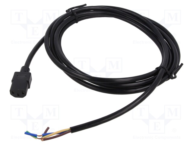 Cable; IEC C13 female,wires; PVC; 3m; black; 3x18AWG; 10A; 250V