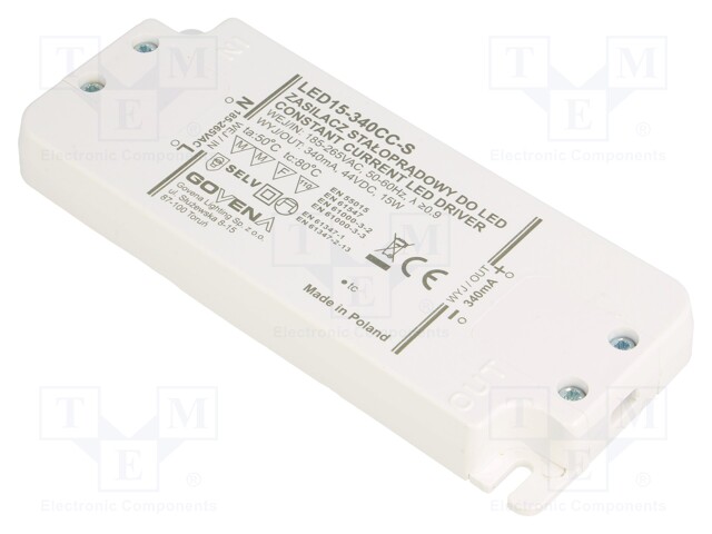 Power supply: switched-mode; LED; 15W; 10÷44VDC; 340mA; 185÷265VAC