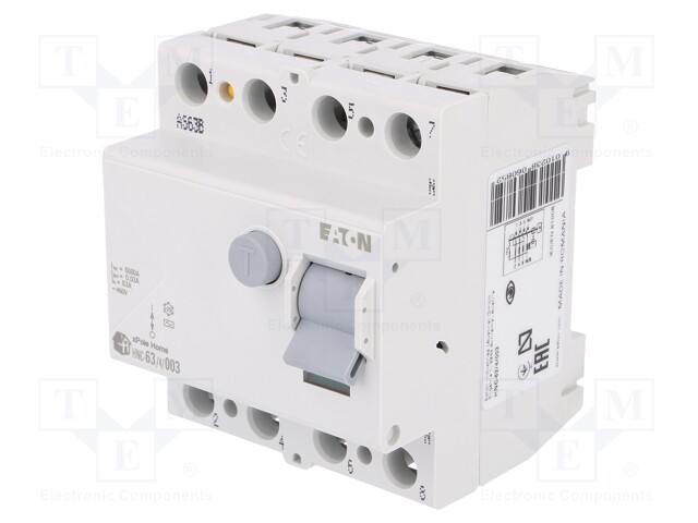 RCD breaker; Inom: 63A; Ires: 30mA; Max surge current: 250A; IP40