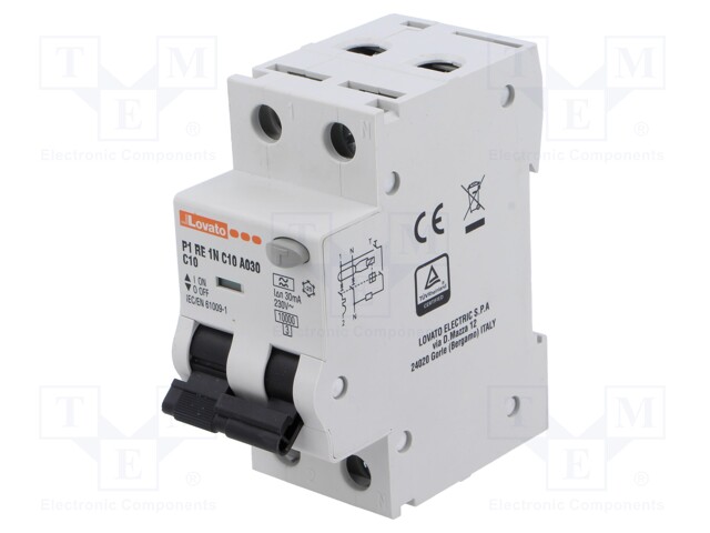 RCBO breaker; Inom: 10A; Ires: 30mA; Poles: 1+N; 230VAC; IP20; RCBO