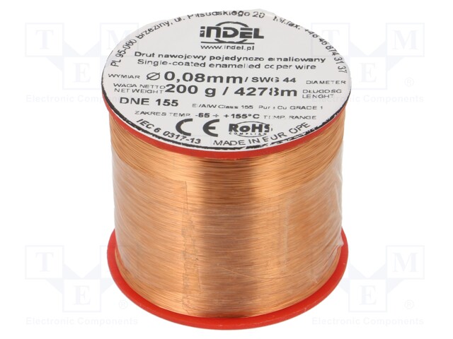 Coil wire; single coated enamelled; 0.08mm; 200g; -65÷155°C