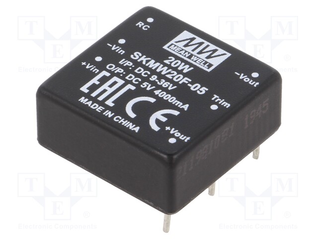 Converter: DC/DC; 20W; Uin: 9÷36V; 5VDC; Iout: 0÷4000mA; 1"x1",DIP