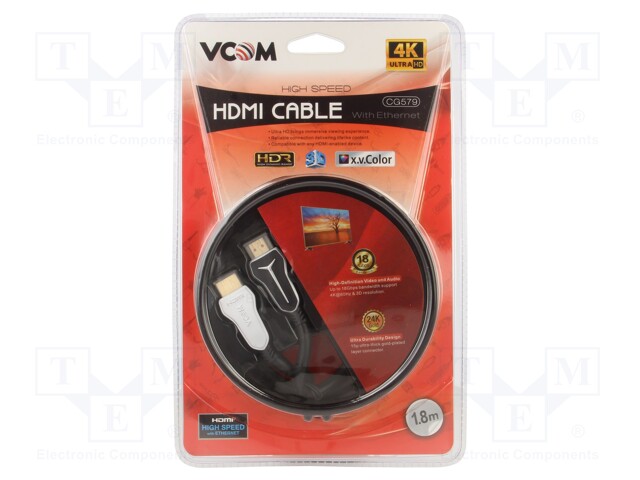 Cable; HDMI 2.0; HDMI plug,both sides; PVC; 1.8m; black; 32AWG