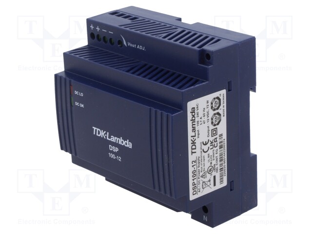 Power supply: switched-mode; for DIN rail; 72W; 12VDC; 6A; 82%