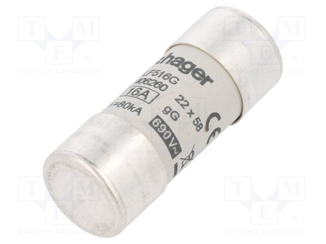 Fuse: fuse; gG; 16A; 690VAC; cylindrical,industrial; 22x58mm