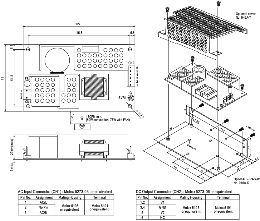 Power supply: switched-mode; 60W; 127÷370VDC; 90÷264VAC; OUT: 2