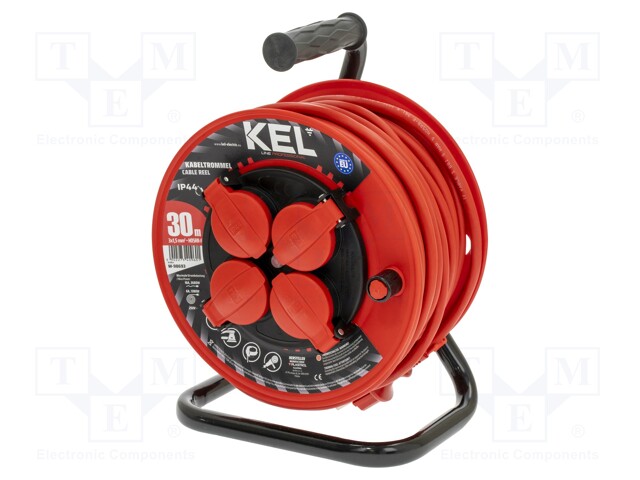 Extension lead; reel; Sockets: 4; rubber; red; 3x1,5mm2; 30m; 16A