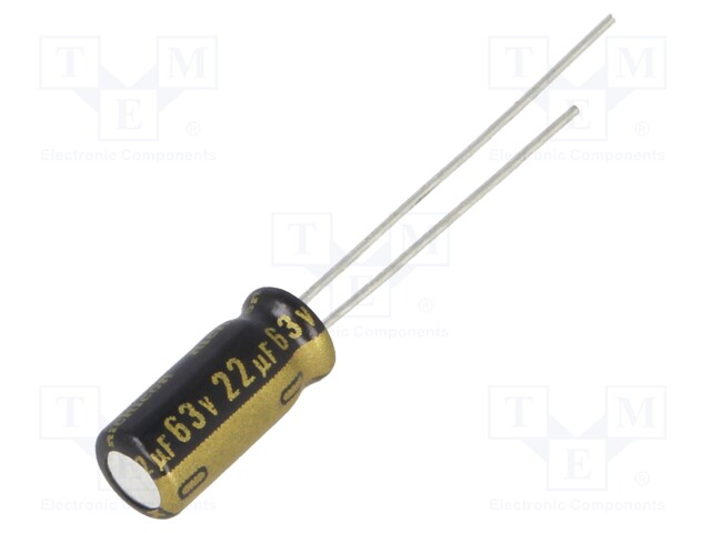 Capacitor: electrolytic; THT; 22uF; 63VDC; Ø5x11mm; Pitch: 2mm; ±20%