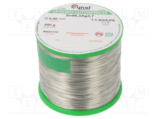 Soldering wire; Sn96,3Ag3,7; 0.5mm; 0.5kg; lead free; 2.5%