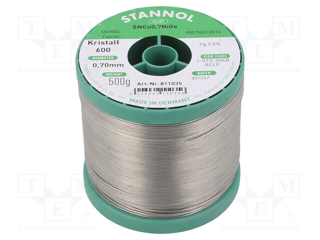 Soldering wire; Sn99,3Cu0,7+NiGe; 0.7mm; 500g; lead free; 2.5%