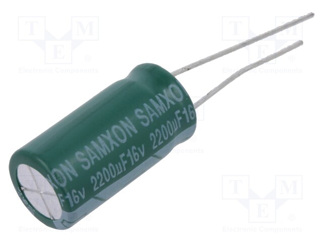 Capacitor: electrolytic; THT; 2200uF; 16VDC; Ø10x20mm; Pitch: 5mm