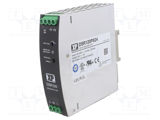 AC/DC DIN Rail Power Supply (PSU), ITE, 1 Output, 120 W, 24 V, 5 A