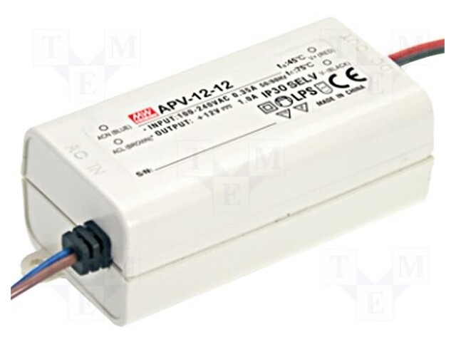 Power supply: switched-mode; LED; 12W; 15VDC; 0.8A; 90÷264VAC; IP42