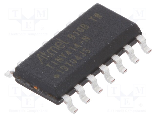 AVR microcontroller; EEPROM: 128B; SRAM: 256B; Flash: 4kB; SO14