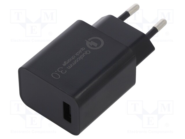 Charger: USB; Usup: 100÷240VAC; Out: USB; Plug: EU; 5/9/12V; 3A; 18W