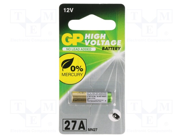 Battery: alkaline; 12V; 27A,8LR50,A27,MN27; non-rechargeable
