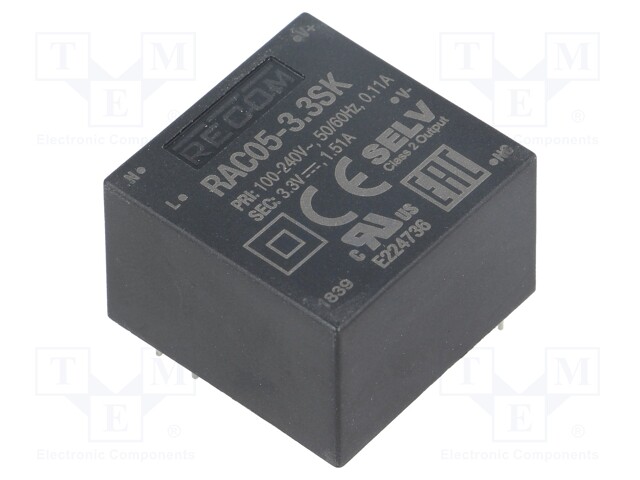 Converter: AC/DC; 5W; Uout: 3.3VDC; Iout: 1515mA; 76%; Mounting: PCB