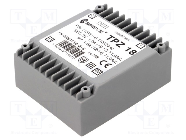 Transformer: mains; 18VA; 115VAC; 9V; 9V; Mounting: PCB; IP00