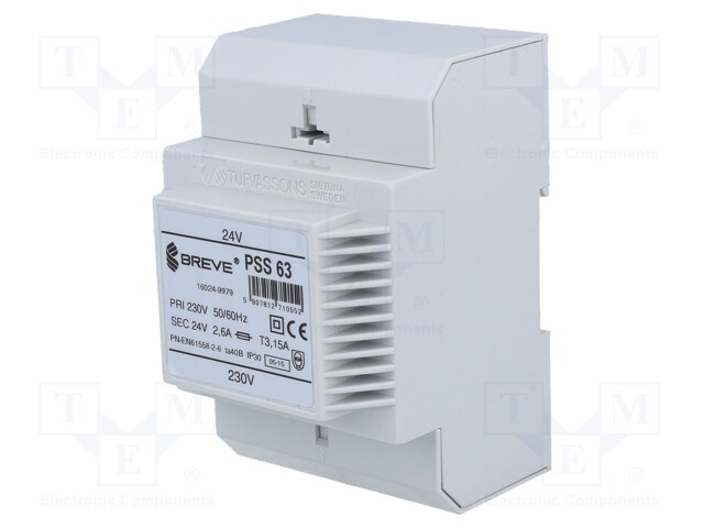 Transformer: safety; 63VA; 230VAC; 24V; IP30; Mounting: DIN; 1.1kg