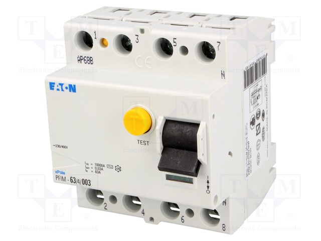 RCD breaker; Inom: 63A; Ires: 30mA; Max surge current: 250A; 400V