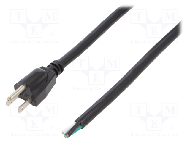 Cable; NEMA 5-15 (B) plug,wires; 5m; black; PVC; 3x14AWG; 15A; 125V