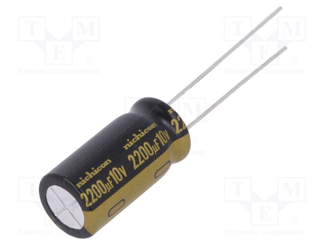 Capacitor: electrolytic; THT; 2200uF; 10VDC; Ø10x20mm; Pitch: 5mm