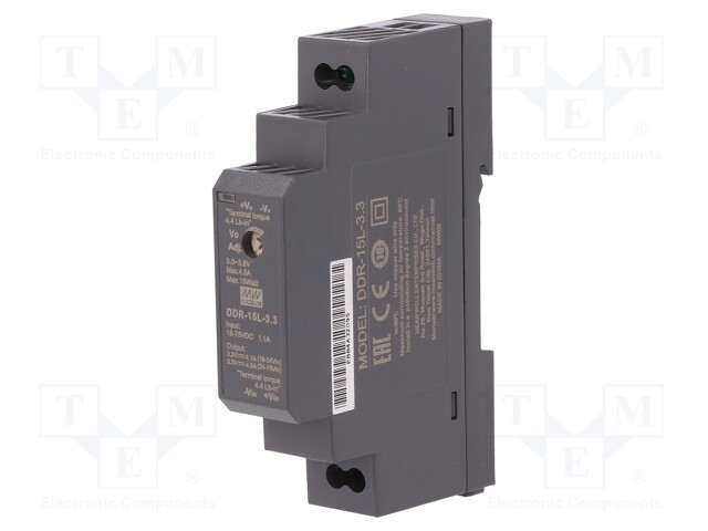 Power supply: DC/DC; 15W; 3.3VDC; 4.5A; 18÷75VDC; Mounting: DIN