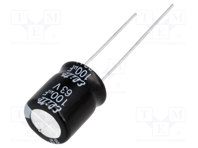 Capacitor: electrolytic; THT; 100uF; 63VDC; Ø10x12.5mm; Pitch: 5mm