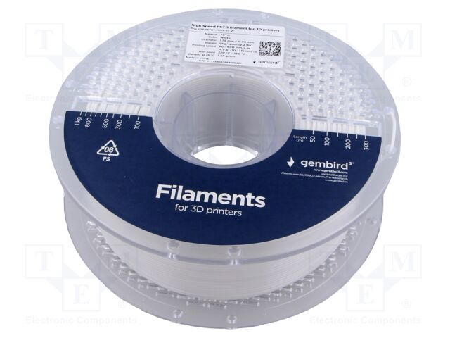 Filament: PET-G; 1.75mm; white; 220÷260°C; 1kg; High Speed