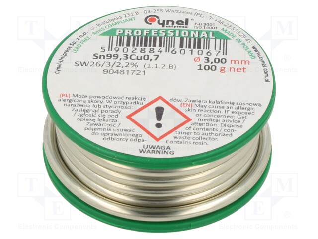 Soldering wire; Sn99,3Cu0,7; 3mm; 100g; lead free; Package: reel