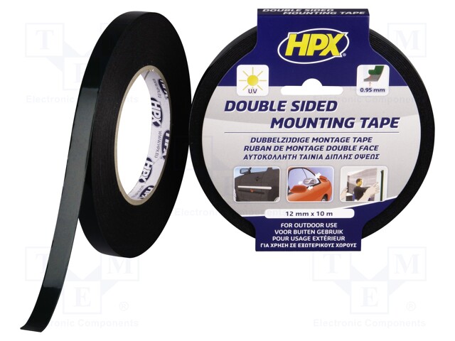 Tape: fixing; W: 12mm; L: 10m; D: 0.95mm; V: double-sided; acrylic