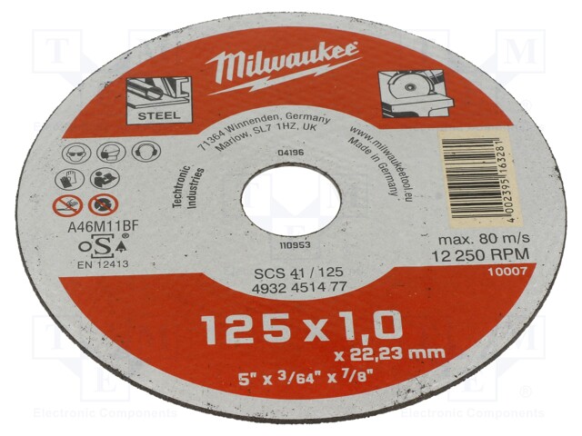 Cutting wheel; Ø: 125mm; Øhole: 22.2mm; Disc thick: 1mm