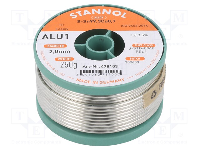 Soldering wire; Sn99,3Cu0,7; 2mm; 250g; lead free; Package: reel