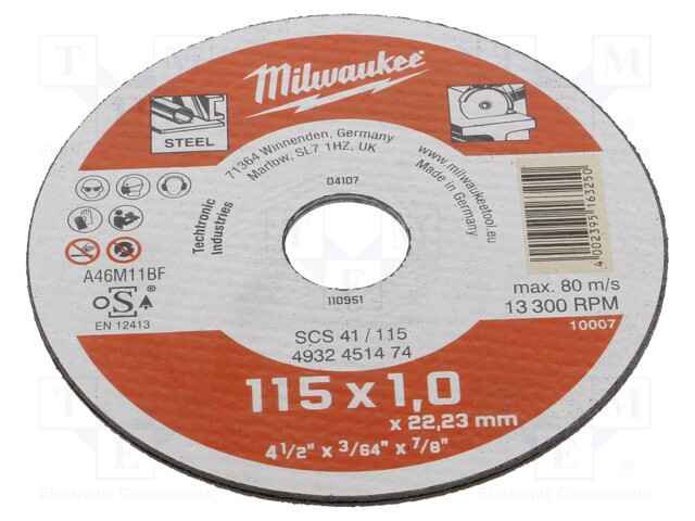 Cutting wheel; Ø: 115mm; Øhole: 22.2mm; Disc thick: 1mm; steel