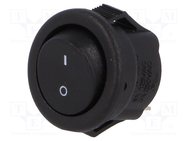 ROCKER; SPST; Pos: 2; OFF-ON; 3A/250VAC; black; none; 20mΩ; UL94V-2