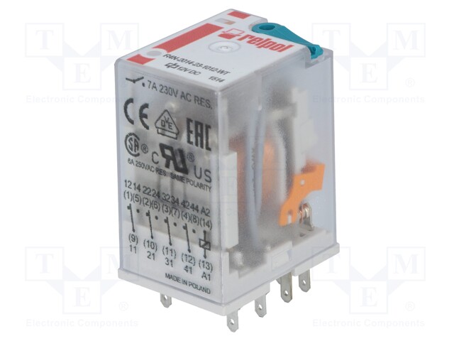 Relay: electromagnetic; 4PDT; Ucoil: 12VDC; 6A/250VAC; 6A/24VDC