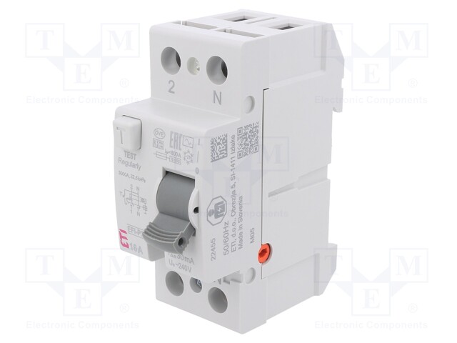 RCD breaker; Inom: 16A; Ires: 30mA; Poles: 2; 230/400V; DIN; IP20