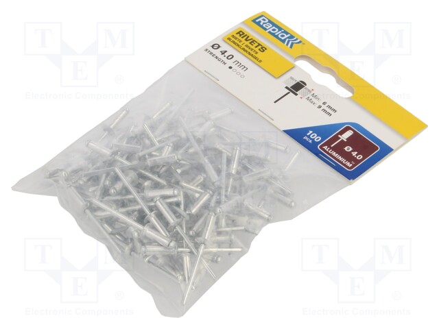 Rivet; aluminium; Rivet diam: 4mm; L.rivet: 12mm; 100pcs.