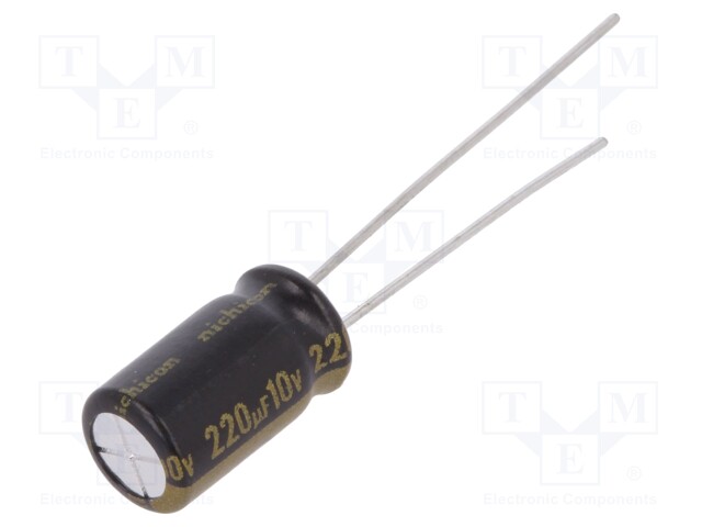 Capacitor: electrolytic; THT; 220uF; 10VDC; Ø6.3x11mm; Pitch: 2.5mm